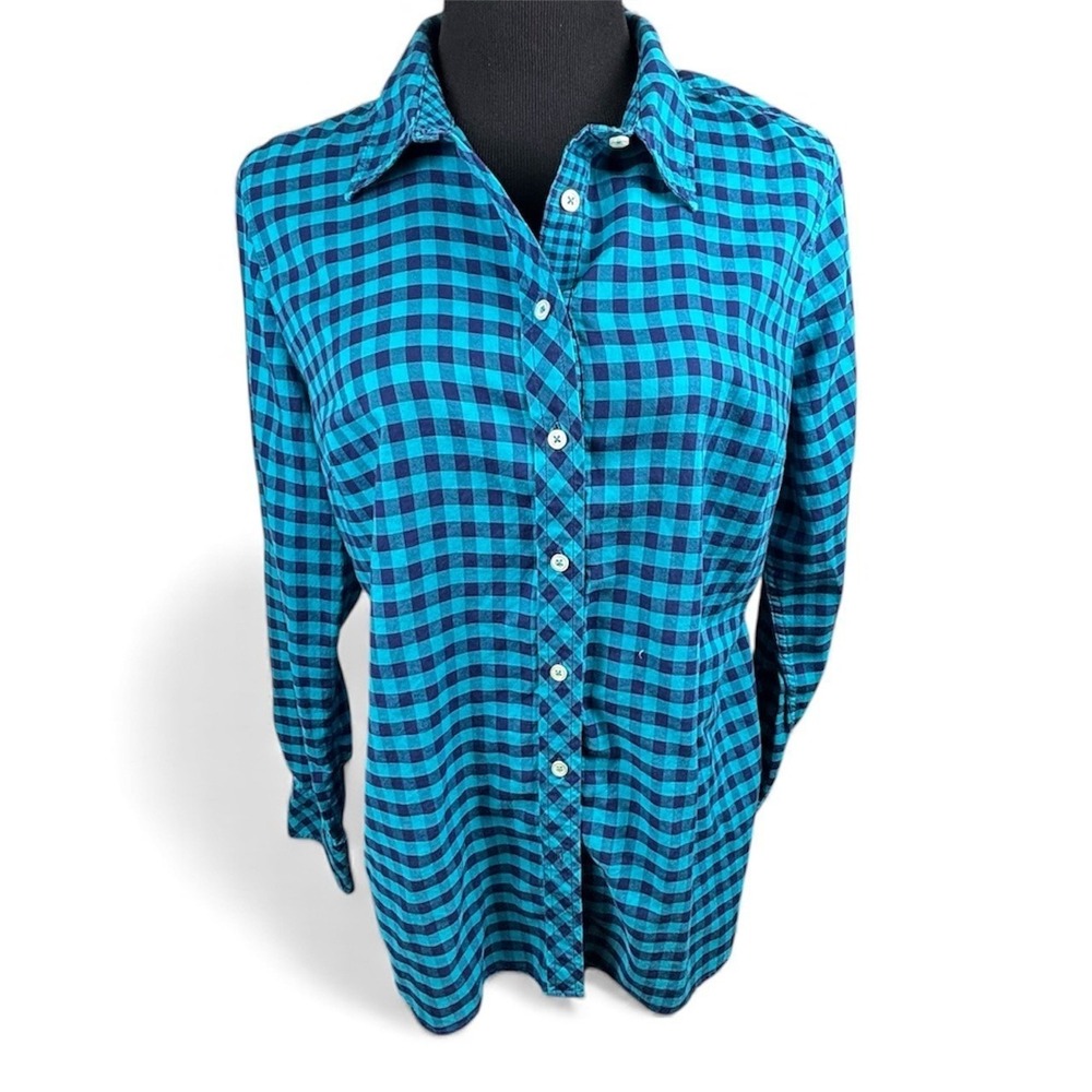 Talbots Womens Blue Navy Gingham Cotton Button Shirt Lg Preppy Coastal Grandma - Picture 2 of 10
